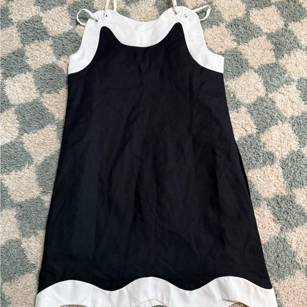 AUREUM linen blend black and white wave hem mini dress lined sleeveless Small - Picture 11 of 11